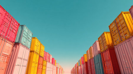 A striking image showcasing a series of brightly colored shipping containers arranged neatly under a clear blue sky, perfect for backgrounds and creative projects.の素材