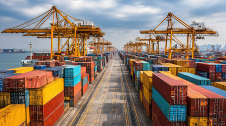 This aerial image captures a busy shipping port filled with colorful cargo containers stacked neatly under towering cranes. The scene highlights the dynamic logistics and industrial activities essential for global trade.の素材