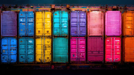 A mesmerizing overhead view of vibrant cargo containers stacked in a port at night, showcasing bright colors and intricate patterns that symbolize global trade.の素材