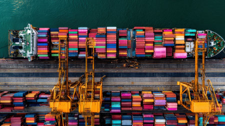 This vibrant aerial image captures a busy industrial port scene with colorful shipping containers stacked neatly and cranes in action, reflecting global trade dynamics.の素材
