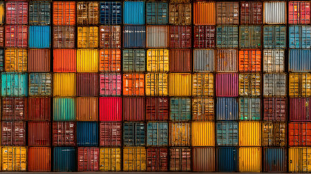 This captivating image showcases a vibrant arrangement of shipping containers, creating a colorful wall that symbolizes global trade and logistics.の素材