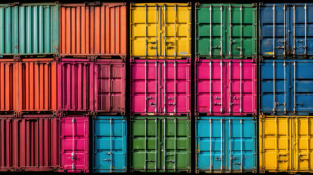 This vibrant image captures a close-up view of stacked shipping containers in vivid colors, showcasing a unique texture and geometric patterns typical in industrial settings.の素材