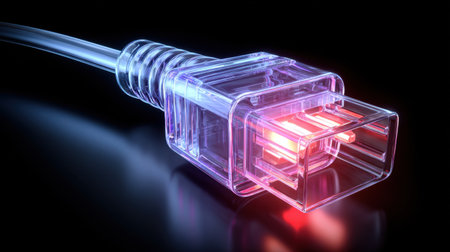 This captivating image features a clear USB connector illuminated with vibrant lighting, highlighting modern technology and elegant design. Perfect for tech-related projects.の素材