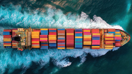 This stunning aerial photograph captures a vibrant cargo ship plowing through the deep turquoise waters, surrounded by dynamic waves, showcasing maritime transport.の素材