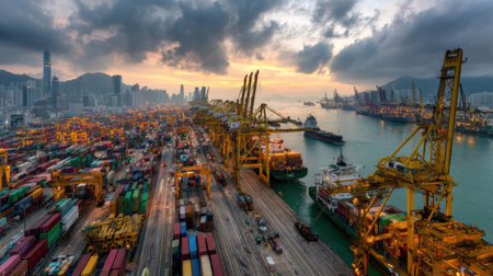 Stunning aerial view of a bustling container port during sunset. Colorful shipping containers and cranes create a vibrant scene of urban logistics and transportation.の素材