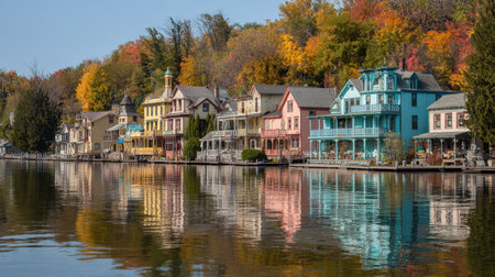 This picturesque scene captures charming historic buildings reflecting on calm water, surrounded by vibrant autumn foliage. A perfect representation of serene small town life.の素材