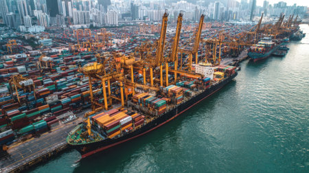 This stunning aerial view showcases a bustling shipping port filled with colorful containers and towering cranes, set against an urban skyline.の素材