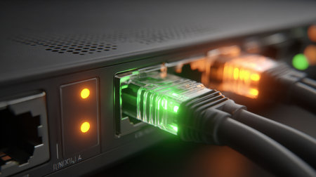 This close-up image showcases a network router with vibrant ethernet cables connected, highlighting illuminated indicator lights that indicate activity and performance.の素材