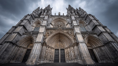 A stunning view of a gothic cathedral facade showcasing intricate stonework and architectural grandeur under an ominous cloudy sky, perfect for travel enthusiasts.の素材