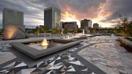 This stunning image captures a vibrant sunset over an urban park, showcasing artistic fountains and modern architecture amidst a tranquil cityscape.の素材
