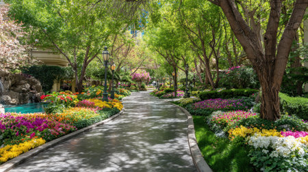 A picturesque view of a serene garden pathway, lined with colorful flower beds and lush greenery, inviting visitors to enjoy a peaceful stroll in nature.の素材