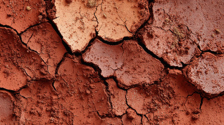 A close-up image showcasing cracked red soil, emphasizing the intricate textures and patterns formed by dryness. Ideal for environmental projects or agriculture themes.の素材