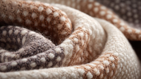 This close-up image showcases a beautifully textured wool fabric with soft fibers in warm tones, making it ideal for home decor or fashion accessories.の素材
