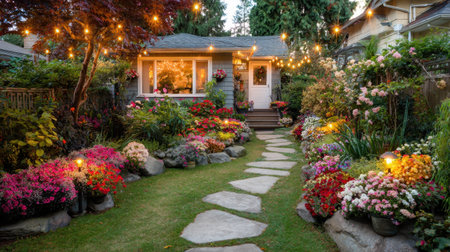 A picturesque garden pathway adorned with a variety of colorful flowers and warm lighting, creating a cozy atmosphere around a lovely home.の素材