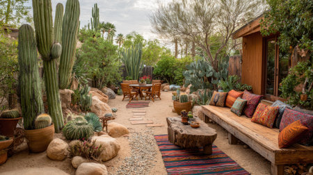 Experience a serene desert oasis featuring cozy seating, vibrant cacti, and lush greenery, creating an inviting atmosphere for relaxation and connection.の素材