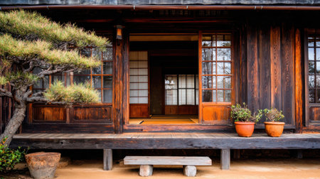 A serene view of a traditional Japanese wooden structure featuring an inviting entryway, rustic bench, potted plants, and natural sunlight.の素材