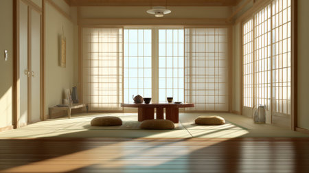 A serene Japanese interior showcasing minimalist design with tatami mats, soft lighting, and simple furniture, creating a tranquil and inviting atmosphere.の素材