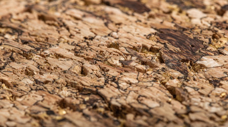 This detailed close-up image showcases the intricate texture of natural cork, featuring rich patterns and unique organic marks. Perfect for design projects.の素材
