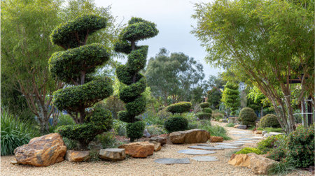 Discover the serene beauty of a Japanese garden, featuring meticulously sculpted trees alongside a tranquil pathway. Ideal for relaxation and reflection.の素材