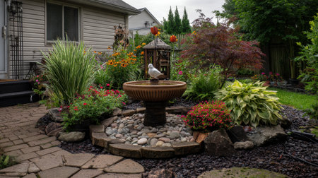 This beautiful garden scene features a classic fountain surrounded by colorful flowers and lush greenery, creating a serene and peaceful outdoor space for relaxation and enjoyment.の素材