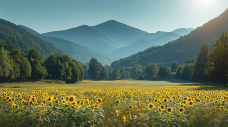 A breathtaking view of a sunflower field basking in warm sunlight, surrounded by majestic mountains. This picturesque scene evokes tranquility and natural beauty.の素材