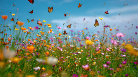 A lively scene showcasing butterflies amidst a field of colorful wildflowers, highlighting the beauty of nature in a serene setting under a blue sky.の素材