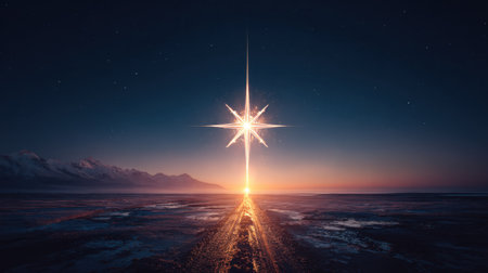 A breathtaking view of a luminous starburst rising over a serene ocean at dawn, casting reflections on the water and revealing majestic mountains in the background.の素材