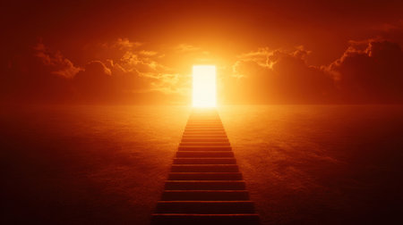 A captivating image of a long pathway leading to a bright, open doorway illuminated by a striking sunset. The clouds create a serene backdrop, evoking feelings of hope and new beginnings.の素材