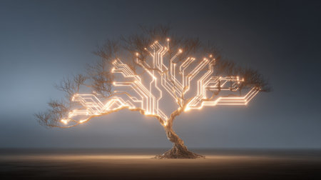 This conceptual artwork features a striking tree illuminated by circuit patterns, beautifully blending technology with nature, symbolizing innovation and growth.の素材
