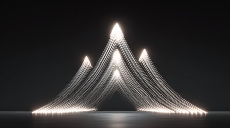 This striking image showcases abstract mountain peaks illuminated by flowing light trails, creating a serene and captivating atmosphere against a dark backdrop.の素材