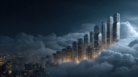 A breathtaking view of a city skyline emerges from a sea of clouds at night. Illuminated skyscrapers pierce through the fog, creating a mystical and surreal atmosphere.の素材