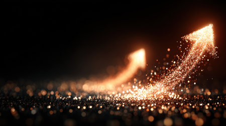 This dynamic abstract image features glittering particles and two upward arrows, symbolizing growth and progress. The vibrant background illuminated with light creates an inspiring atmosphere perfect for various themes such as success, innovation, and motivation.の素材
