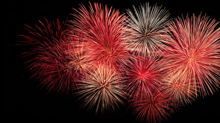 A breathtaking display of colorful fireworks lighting up the night sky with vibrant hues of red and white, symbolizing celebration and joy.の素材