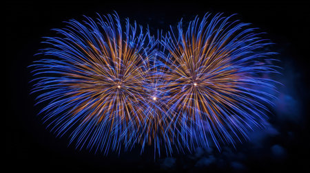 Colorful blue and orange fireworks burst in the night sky, creating a stunning display perfect for celebrations and festive events. Enjoy the beauty and excitement!の素材