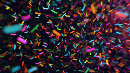 A mesmerizing display of colorful confetti falling through the air against a dark background, perfect for adding a joyful and festive touch to any celebration.の素材