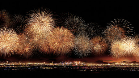 A breathtaking fireworks display lights up the night sky, creating a stunning panorama over the cityscape. The vibrant colors and explosive patterns captivate onlookers, embodying the festive spirit of celebration.の素材
