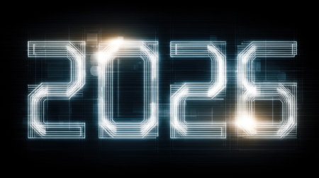 This striking image features the year 2026 depicted in a futuristic digital style, illuminated with neon glows and intricate circuit patterns against a dark backdrop.の素材
