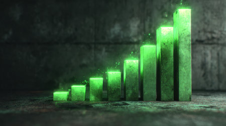 This visual depicts green ascending bars against a dark backdrop, symbolizing growth and progress in finance and business metrics. It conveys success and potential.の素材