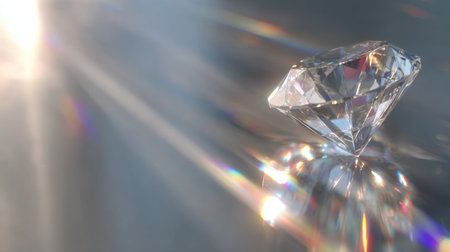 A stunning diamond sits elegantly on a surface, capturing vibrant light reflections and showcasing its clarity and brilliance. The sparkling effect creates a mesmerizing visual impression.の素材