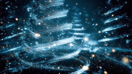 This abstract image captures a digital representation of a twinkling Christmas tree surrounded by sparkles and light effects, evoking feelings of holiday magic and joy.の素材