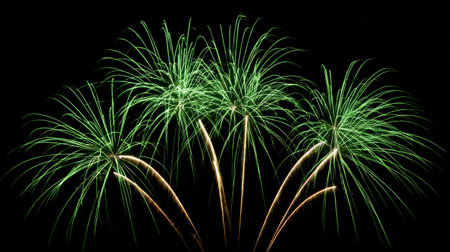 Stunning display of green fireworks lighting up the dark sky, creating an electrifying atmosphere perfect for celebration and joy. Ideal for festive events.の素材