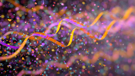 A captivating display of colorful confetti and streamers dancing in the air, infused with sparkles and lights, perfect for capturing festive moments.の素材