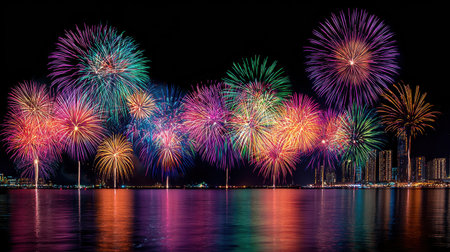 A stunning fireworks display lights up the night sky in vibrant colors, reflecting on the calm water below. The city skyline adds a beautiful backdrop to this celebratory scene, perfect for capturing the essence of joy and festivity during special occasions.の素材