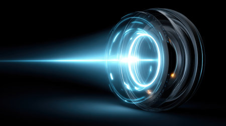 This abstract image features a futuristic lens design emitting a glowing blue light beam against a dark backdrop, symbolizing innovation in technology and photography.の素材