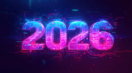 This dynamic and colorful digital artwork features the year 2026, showcasing vibrant neon hues and a technology-inspired background, perfect for futuristic themes.の素材
