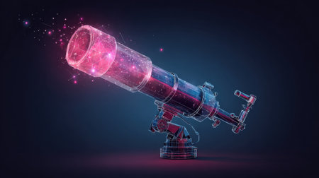 This image features a futuristic telescope, enhanced with cosmic elements and bright stars, perfect for themes of astronomy, exploration, and science.の素材
