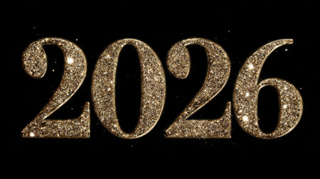 A stunning visual featuring golden glittery numbers representing the year 2026 on a deep black background. Perfect for signage and celebrations.の素材