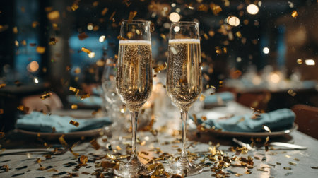 A luxurious setting featuring two champagne glasses amidst sparkling golden confetti, perfect for celebrating special occasions and festive moments.の素材