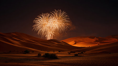 A breathtaking scene of vibrant fireworks exploding over tranquil desert sand dunes at night, capturing the essence of celebration and joy amidst nature's beauty.の素材