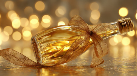 This image features an elegant glass bottle filled with golden liquid, adorned with a delicate ribbon, resting on a shimmering background, perfect for celebrations.の素材
